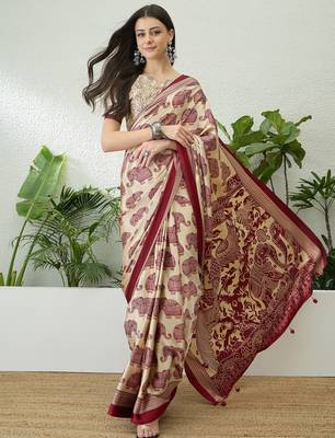 Cream color modern pre-stitched semi modal saree with unstitched designer blouse 1