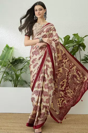 Cream color modern pre-stitched semi modal saree with unstitched designer blouse