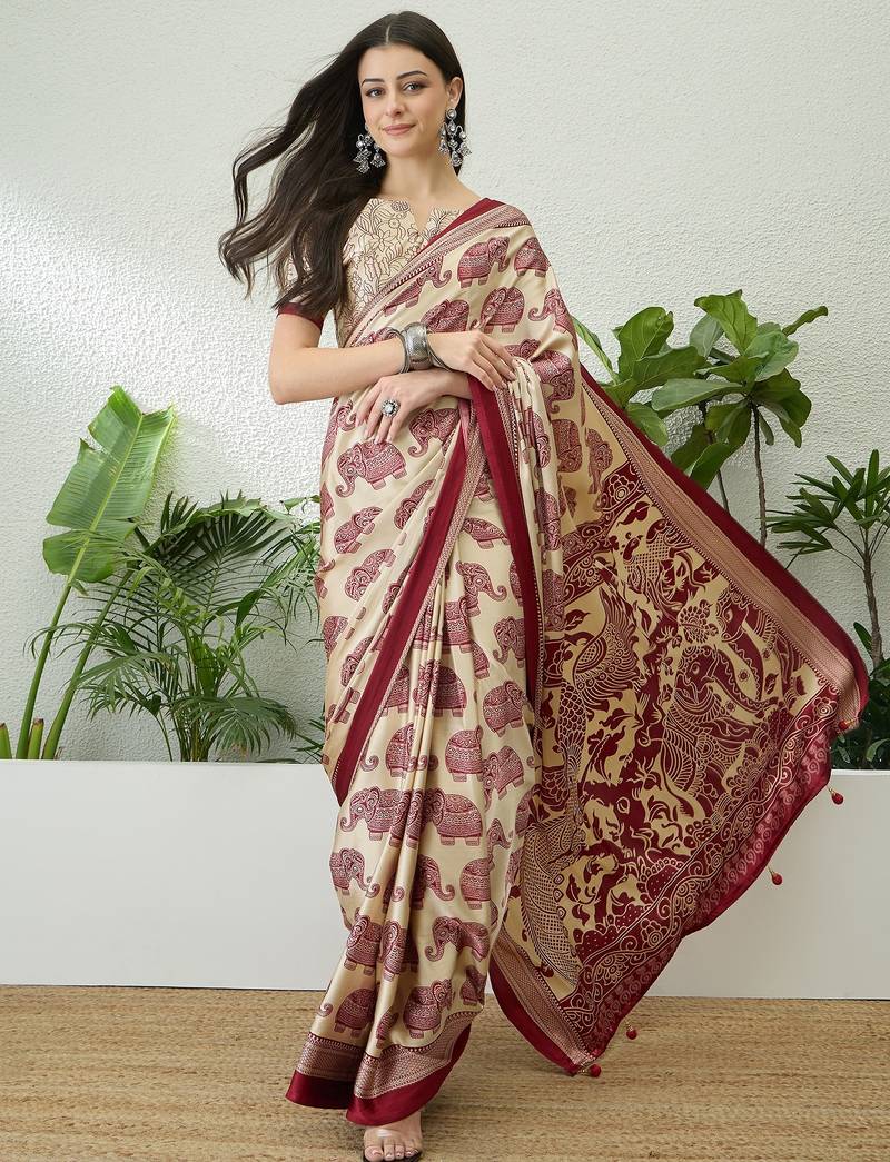 Cream color modern pre-stitched semi modal saree with unstitched designer blouse