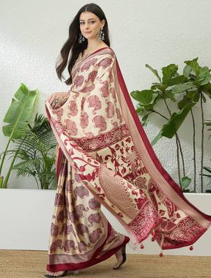 Cream color modern pre-stitched semi modal saree with unstitched designer blouse 2