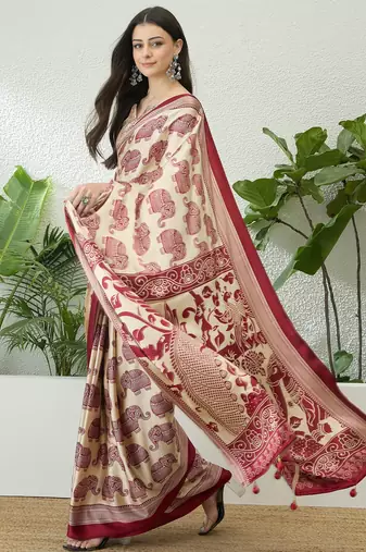 Cream color modern pre-stitched semi modal saree with unstitched designer blouse