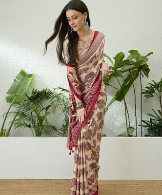 Cream color modern pre-stitched semi modal saree with unstitched designer blouse 3