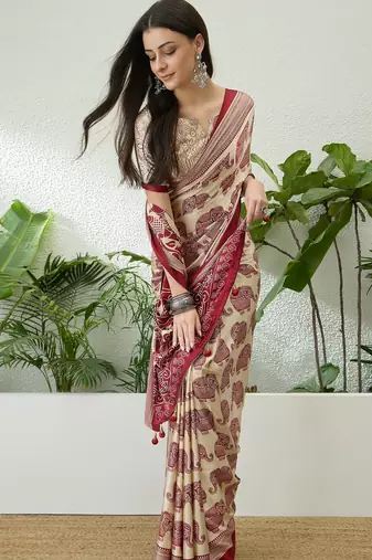 Cream color modern pre-stitched semi modal saree with unstitched designer blouse