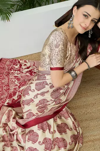 Cream color modern pre-stitched semi modal saree with unstitched designer blouse