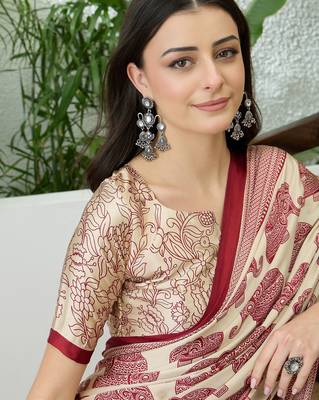 Cream color modern pre-stitched semi modal saree with unstitched designer blouse 5