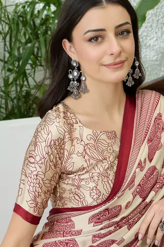 Cream color modern pre-stitched semi modal saree with unstitched designer blouse