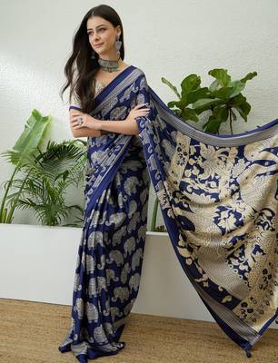 Blue color modern pre-stitched semi modal saree with unstitched designer blouse 1