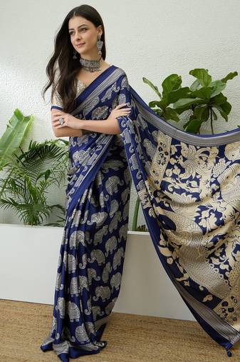 Blue color modern pre-stitched semi modal saree with unstitched designer blouse