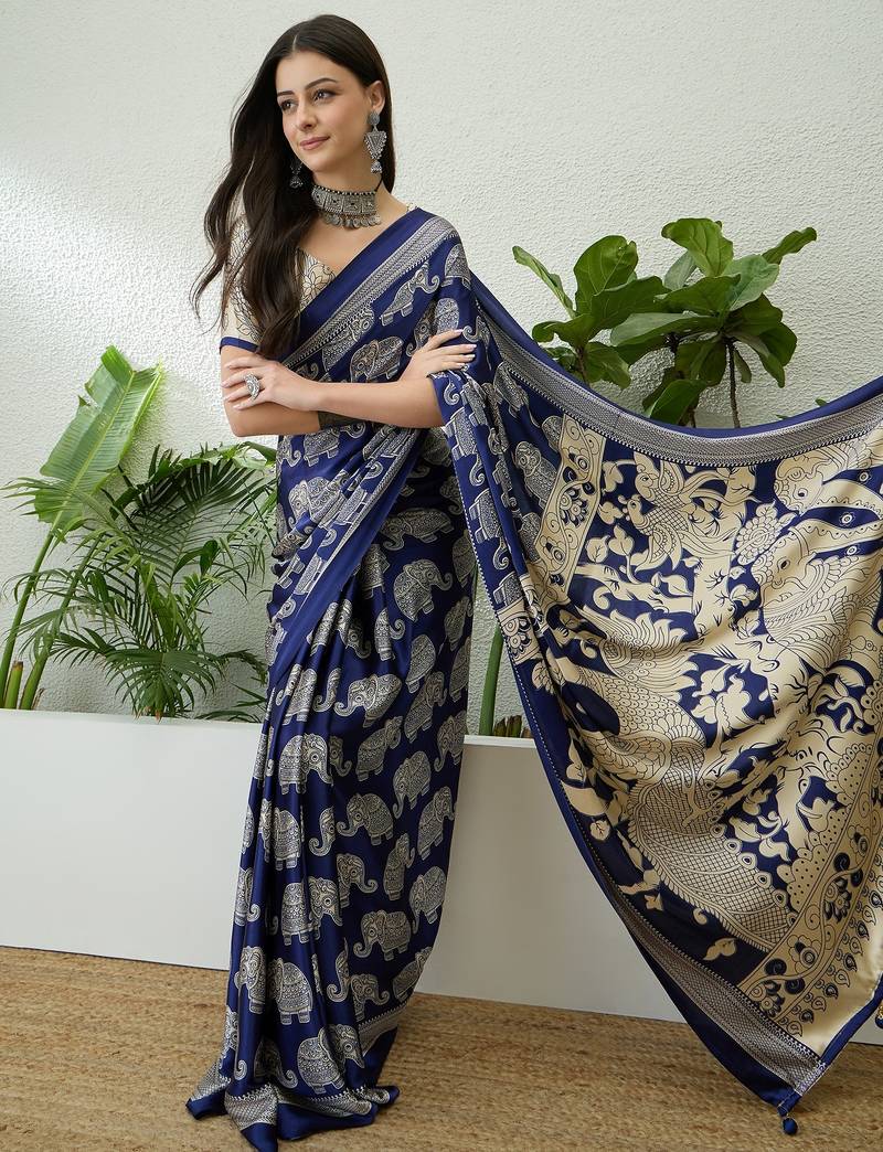 Blue color modern pre-stitched semi modal saree with unstitched designer blouse