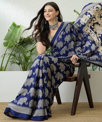 Blue color modern pre-stitched semi modal saree with unstitched designer blouse 2