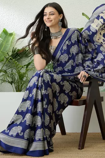 Blue color modern pre-stitched semi modal saree with unstitched designer blouse