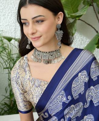 Blue color modern pre-stitched semi modal saree with unstitched designer blouse 3