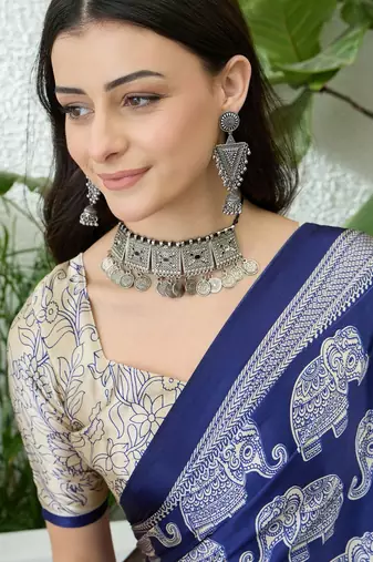 Blue color modern pre-stitched semi modal saree with unstitched designer blouse