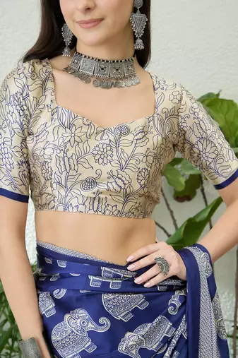 Blue color modern pre-stitched semi modal saree with unstitched designer blouse