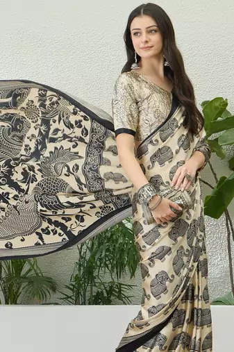 Cream color modern pre-stitched semi modal saree with unstitched designer blouse