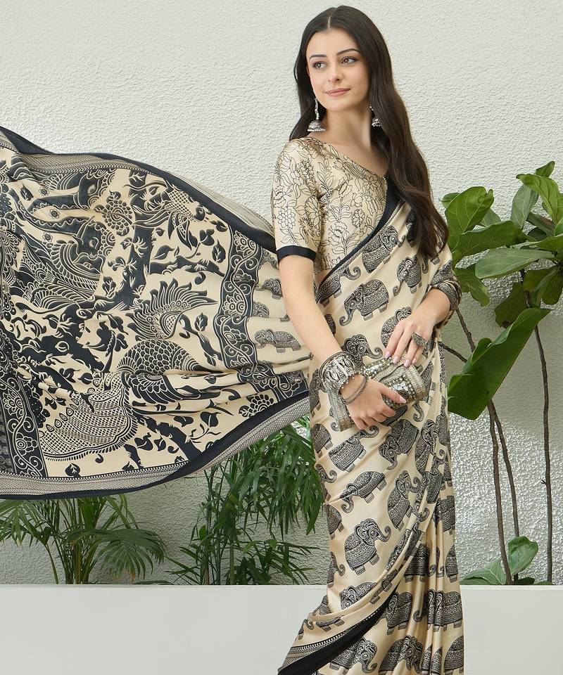 Cream color modern pre-stitched semi modal saree with unstitched designer blouse
