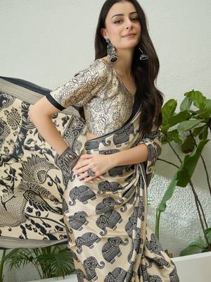 Cream color modern pre-stitched semi modal saree with unstitched designer blouse 2