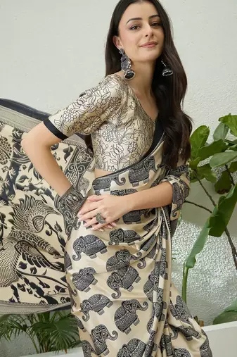 Cream color modern pre-stitched semi modal saree with unstitched designer blouse