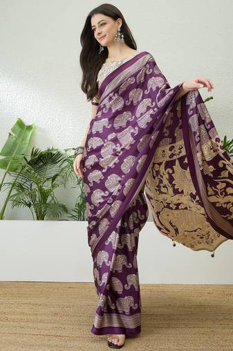 Purple color modern pre-stitched semi modal saree with unstitched designer blouse