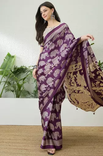 Purple color modern pre-stitched semi modal saree with unstitched designer blouse