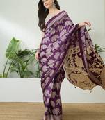 Purple color modern pre-stitched semi modal saree with unstitched designer blouse
