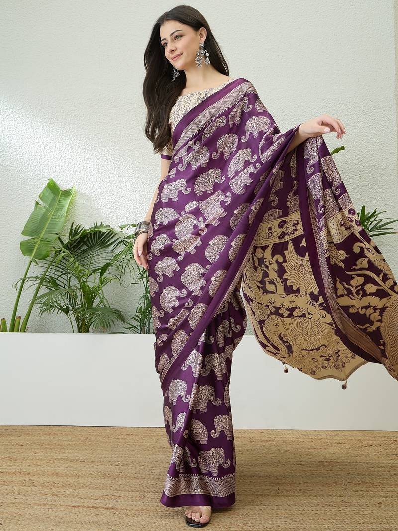 Purple color modern pre-stitched semi modal saree with unstitched designer blouse