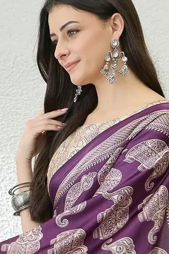 Purple color modern pre-stitched semi modal saree with unstitched designer blouse