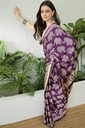 Purple color modern pre-stitched semi modal saree with unstitched designer blouse