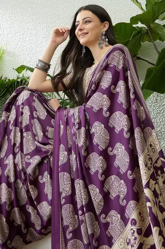 Purple color modern pre-stitched semi modal saree with unstitched designer blouse
