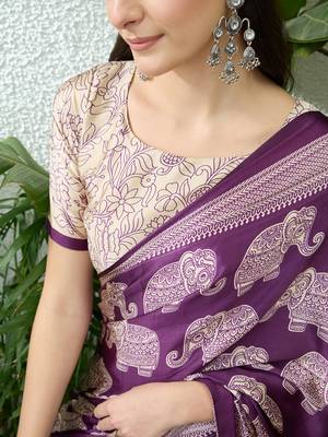 Purple color modern pre-stitched semi modal saree with unstitched designer blouse 5