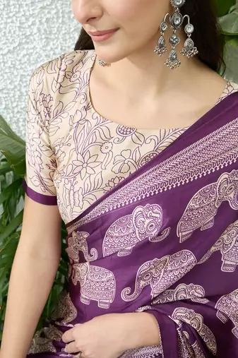 Purple color modern pre-stitched semi modal saree with unstitched designer blouse