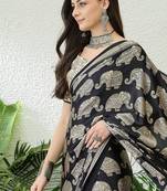 Black color modern pre-stitched semi modal saree with unstitched designer blouse