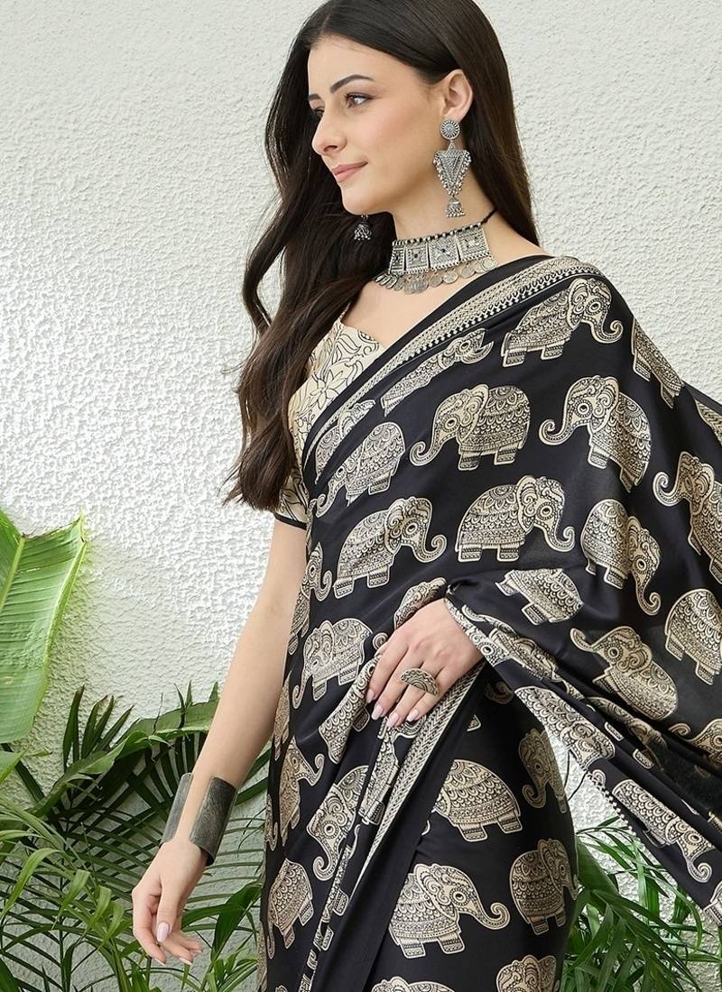 Black color modern pre-stitched semi modal saree with unstitched designer blouse