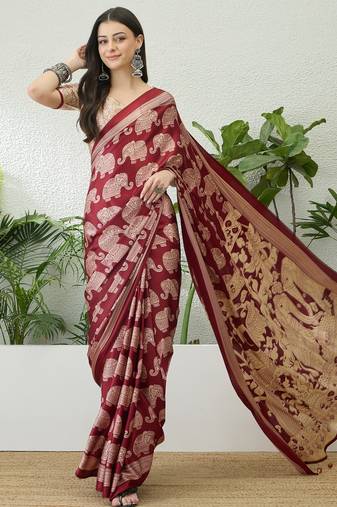 Red color modern pre-stitched semi modal saree with unstitched designer blouse