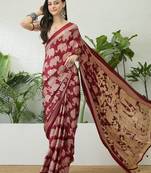 Red color modern pre-stitched semi modal saree with unstitched designer blouse
