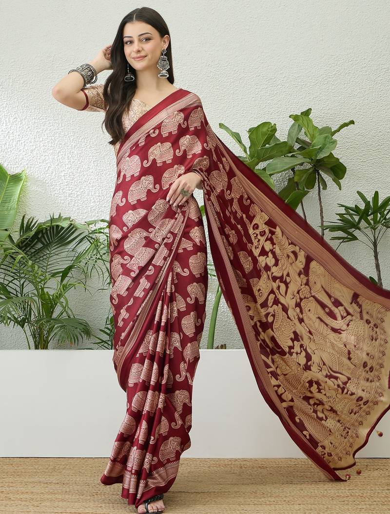 Red color modern pre-stitched semi modal saree with unstitched designer blouse