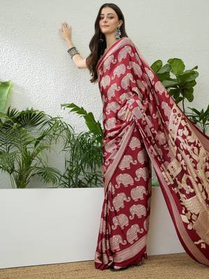 Red color modern pre-stitched semi modal saree with unstitched designer blouse 2