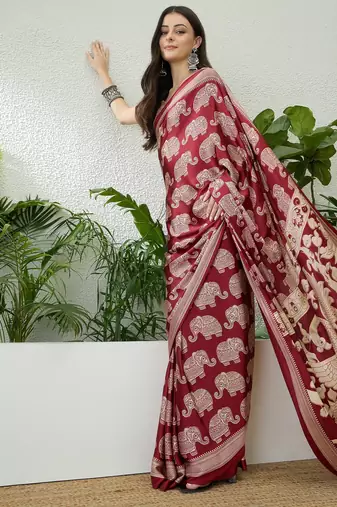 Red color modern pre-stitched semi modal saree with unstitched designer blouse