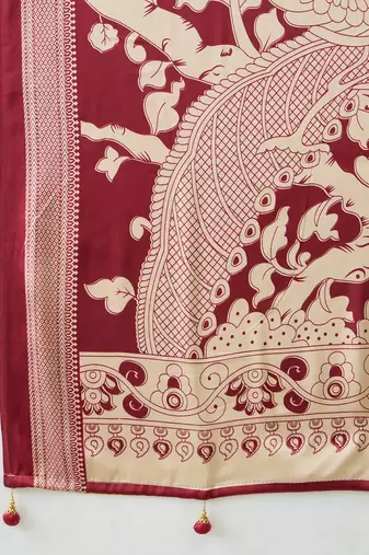 Red color modern pre-stitched semi modal saree with unstitched designer blouse