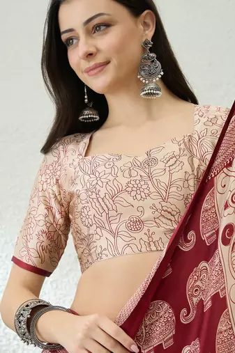 Red color modern pre-stitched semi modal saree with unstitched designer blouse