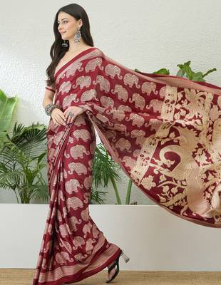 Red color modern pre-stitched semi modal saree with unstitched designer blouse 5