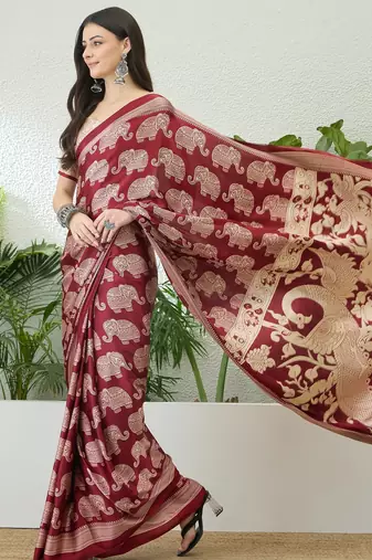 Red color modern pre-stitched semi modal saree with unstitched designer blouse