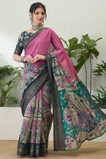 Pink color modern pre-stitched cotton saree with unstitched designer blouse