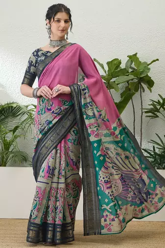 Pink color modern pre-stitched cotton saree with unstitched designer blouse