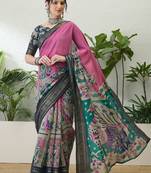 Pink color modern pre-stitched cotton saree with unstitched designer blouse