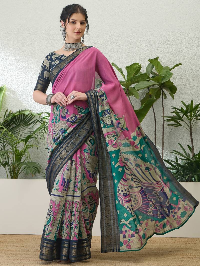 Pink color modern pre-stitched cotton saree with unstitched designer blouse