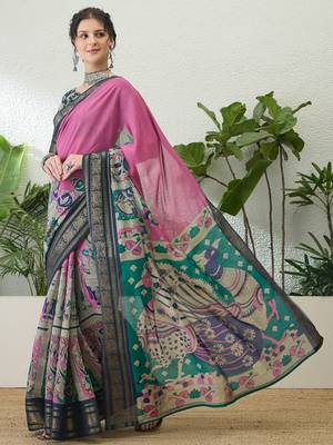 Pink color modern pre-stitched cotton saree with unstitched designer blouse 2