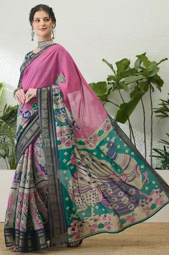 Pink color modern pre-stitched cotton saree with unstitched designer blouse
