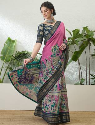 Pink color modern pre-stitched cotton saree with unstitched designer blouse 3