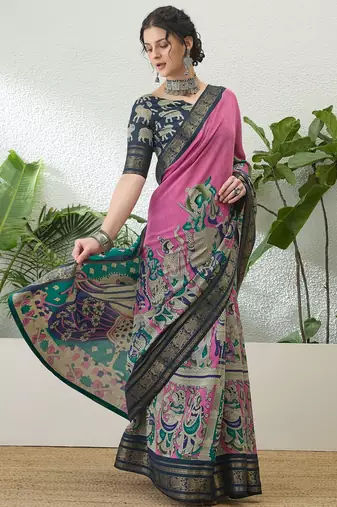 Pink color modern pre-stitched cotton saree with unstitched designer blouse